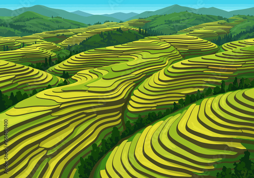 Vivid rice terraces cascade across lush green hills set against distant mountain silhouettes under a pale blue sky