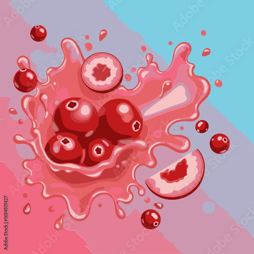 Red cranberries in juice splash with vibrant color. A dynamic display of cranberry juice and fruit. Fresh and appetizing design for juice company marketing materials.