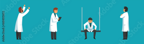 Man Doctor Character in White Coat Examine and Checkup Vector Set