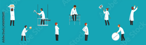 Man Doctor Character in White Coat Examine and Checkup Vector Set