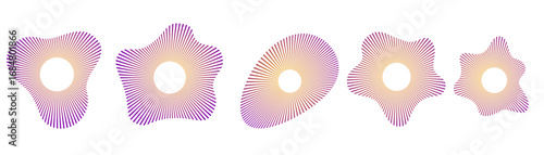 Set of concentric ripple circle icons with broken lines. Abstract soundwave radar symbols, echo vibration elements, circular audio pictograms for technology and music themes.