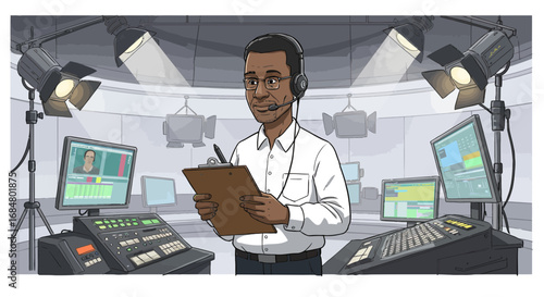 Confident director orchestrates broadcast operations from advanced control room with monitors and lighting