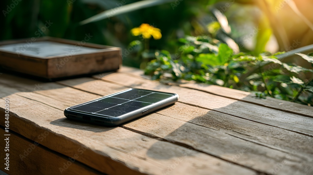 Photovoltaic panels on a power bank charging a phone, set against a backdrop of a wooden bench and lush greenery. Photovoltaic panels on a power bank charging a phone, set against a backdrop of a wooden bench and lush greenery.