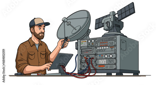 Skilled technician expertly calibrates advanced satellite communication equipment for optimal signal transmission.
