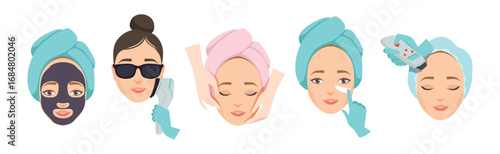 Cosmetology with Woman Face Have Skin Procedure Vector Set