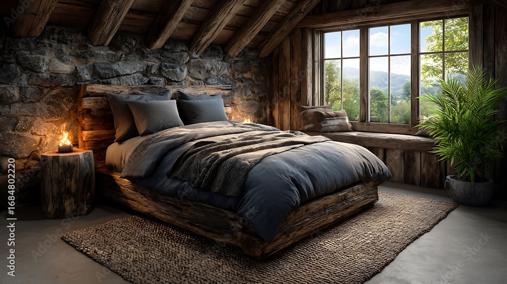 Fototapeta premium A realistic high-definition photo of a cozy Scandinavian-style bedroom with wooden accents.