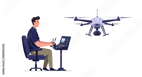 Man pilots drone using advanced control panel, capturing aerial footage for modern industry applications