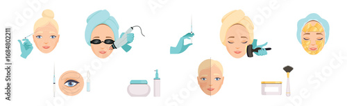 Cosmetology with Woman Face Have Skin Procedure Vector Set