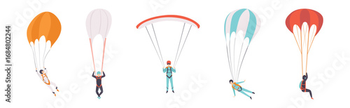 Man Jump with Parachute Engaged in Extreme Sport Activity Vector Set