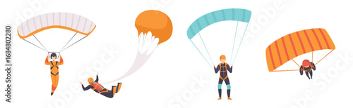 Man Jump with Parachute Engaged in Extreme Sport Activity Vector Set