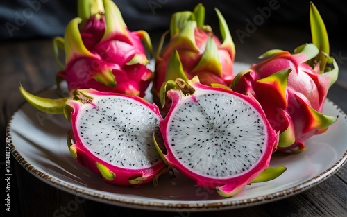Vibrant plate of sliced dragon fruit pitaya exotic tropical fruit healthy refreshing food photography close up