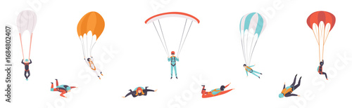 Man Jump with Parachute Engaged in Extreme Sport Activity Vector Set