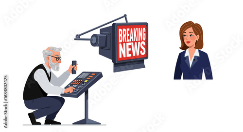 Broadcast technician operates control panel while reporter prepares for live "Breaking News" segment.