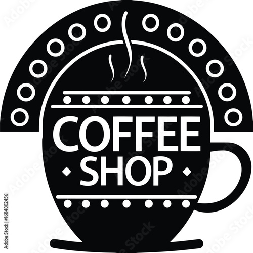 Classic coffee shop emblem with hot beverage steam and decorative border design vector