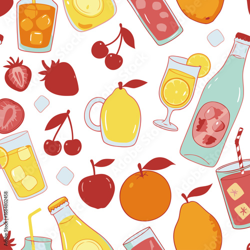 Summer drinks pattern featuring fruits and beverages. Cartoon style illustration of assorted juices, lemonade, and iced drinks with strawberries, cherries, lemons, and oranges.