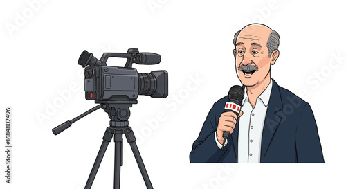 Experienced journalist speaks into microphone with professional video camera ready for broadcast