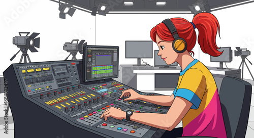Young woman expertly mixes sound at a professional audio console in a modern studio setting