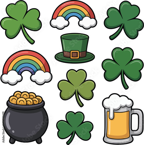 St Patricks Day Symbols Collection With Rainbows Shamrocks Pot Of Gold And Beer Mug st patrick's day