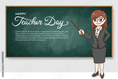 School teacher in classroom near blackboard. Cartoon flat women with pointer is teaching lesson. Female teacher on lesson showing on board.