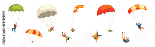 Man Jump with Parachute Engaged in Extreme Sport Activity Vector Set