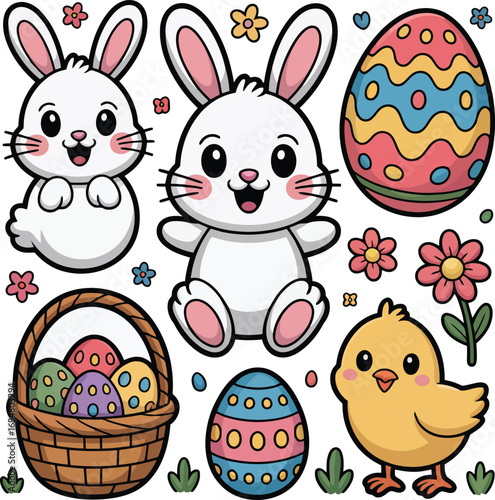 Adorable Easter Scene with Bunnies, Eggs, Basket, and Chick bunny rabbit
