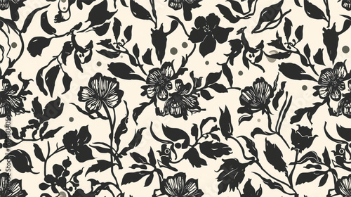 "Botanical Seamless Vector Pattern with Black Floral Silhouettes for Fabric and Paper Design" Ai Generate 