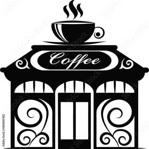 Charming coffee shop silhouette with steaming cup emblematic of warmth and aroma vector