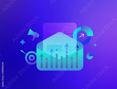 Email marketing metrics with analytics dashboard showing campaign performance, open and click rate. E-mail analytics conversion tracking, business digital marketing vector illustration