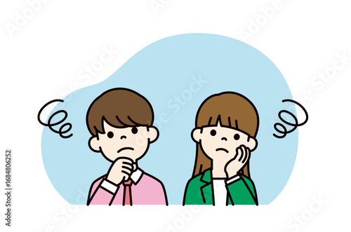 考え事をしている、若い男女のビジネスマン・ビジネスウーマンのベクターイラスト素材＿カラー