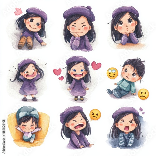 Cute cartoon girl showing various emotions in playful illustrations inspired by childhood experiences