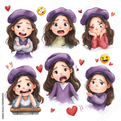 Variety of emotions expressed by a girl wearing a purple beret in a colorful cartoon style illustration
