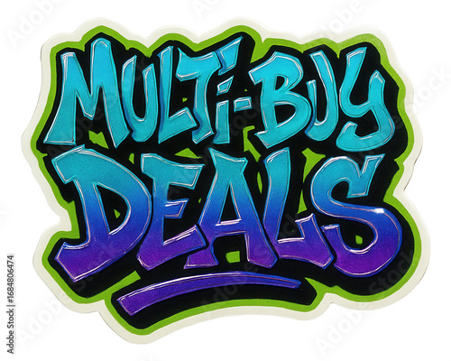 Vibrant sticker with MULTI-BUY DEALS offer in graffiti style, attractive retail promotion on transparent background.