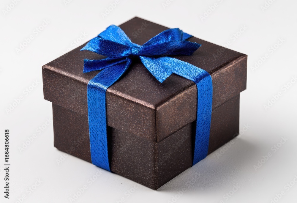 Fototapeta premium Dark brown gift box with blue ribbon