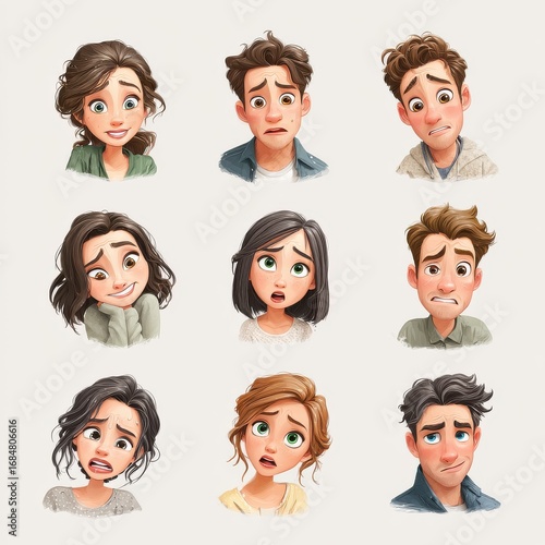 Expressions of diverse characters showcasing various emotions and reactions in a playful cartoon style