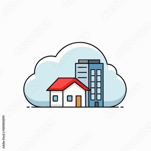 This conceptual illustration visualizes the modern hybrid work model, integrating home and office spaces within a cloud for ultimate flexibility and productivity.
