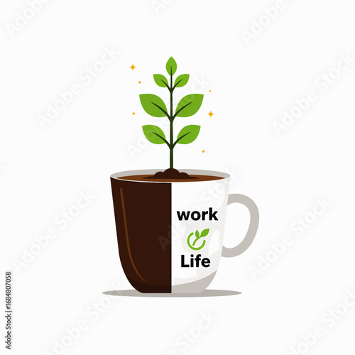 A vibrant illustration depicting a plant emerging from a coffee cup, symbolizing harmonious work-life balance, personal development, and adaptable modern work integration.