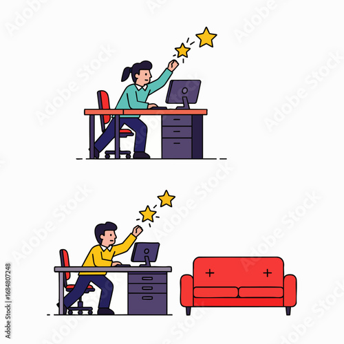 Dedicated individuals in a contemporary office setting diligently strive for excellence and achieve their professional objectives, embracing flexible work solutions.