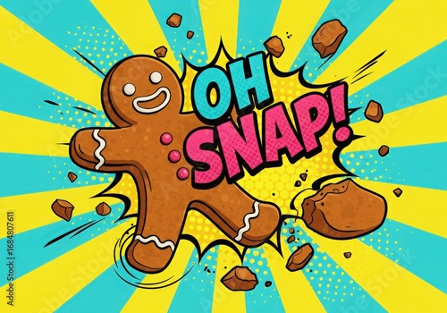 Gingerbread man breaks apart in comic book style with oh snap
