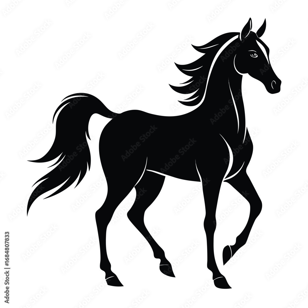 Obraz premium Elegant Black Horse Silhouette Gracefully Posing Against White Backdrop Symbolic of Freedom Power and Beauty in Minimalist Design