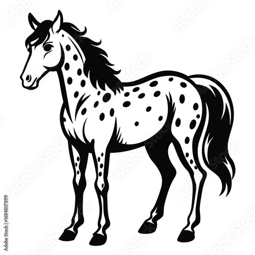 Appaloosa Horse Illustration with Spotted Coat and Flowing Mane A Majestic Black and White Representation of Equine Beauty