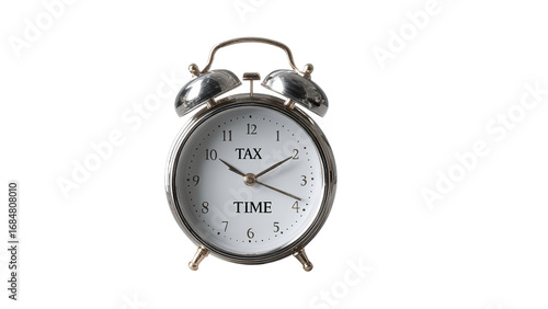 Vintage alarm clock with 'TAX TIME' written on the face, symbolizing the urgency of tax season, isolated on transparent background.