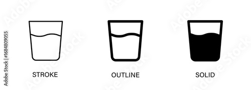 Glass of water icon for drinks, drinking water, ui design. Vector stroke, outline and solid icons. EPS10
