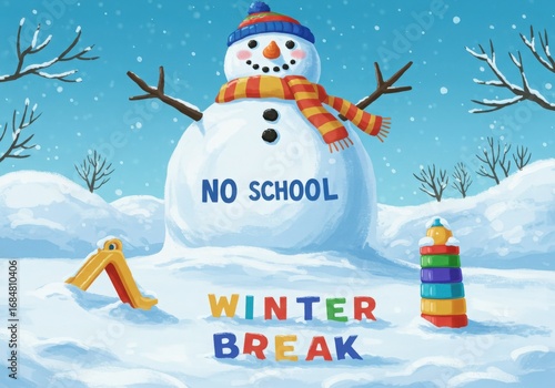 Joyful snowman announces no school winter break with colorful blocks and playground slide