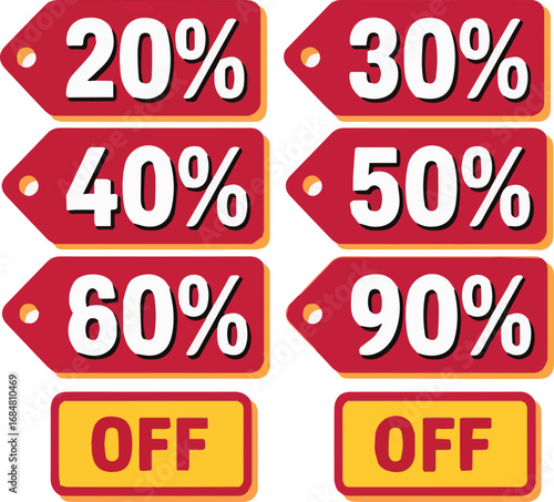 Red sale tags with white text showing percentages 20 30 40 50 60 90 percent off and yellow off tags
