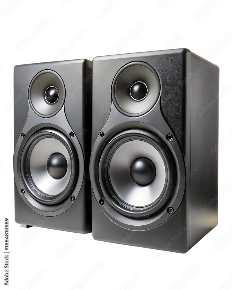 Fototapeta premium Pair of black studio monitor speakers isolated professional audio equipment detail shot transparent background