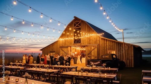 Romantic barn wedding reception illuminated by fairy lights as guests mingle at dusk