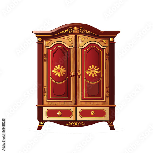 Antique Wardrobe Cartoon Illustration with Doors and Drawers  Vector icon.