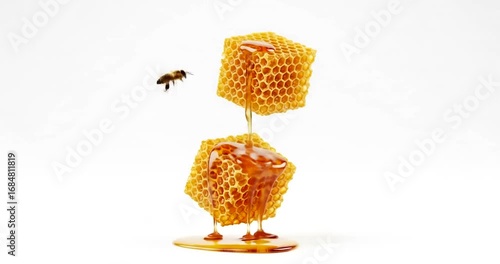 Honeycomb cubes drip with honey, showcasing a bee in flight against a white background.