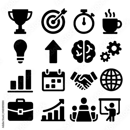 Iconic Business Symbols: A dynamic visual of business and success, featuring a collection of iconic symbols representing a range of concepts related to goals, strategy, and progress.