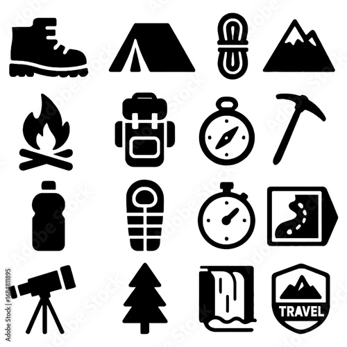 Icons of Adventure: A captivating collection of outdoor and travel icons, rendered in a minimalist, high-contrast style, symbolizes adventure, exploration, and the thrill of discovery.